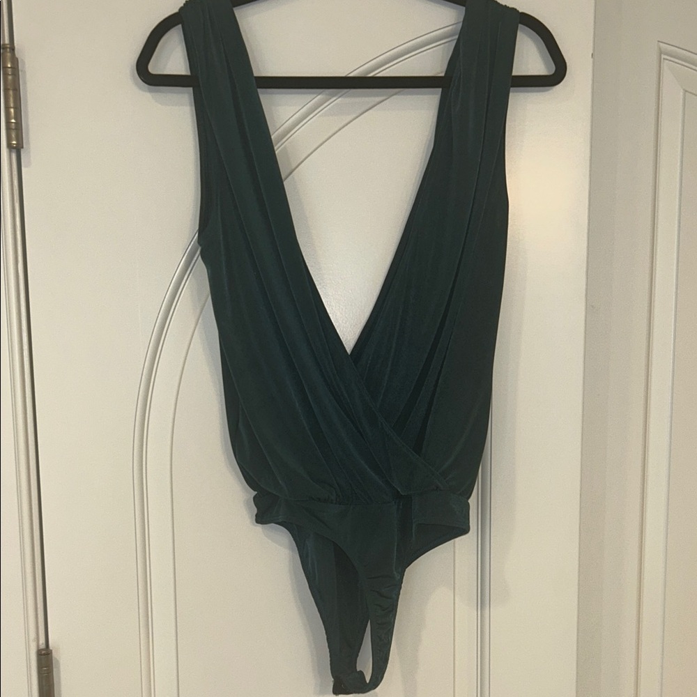 Blue Blush Deep V-Neck Bodysuit in Dark Green